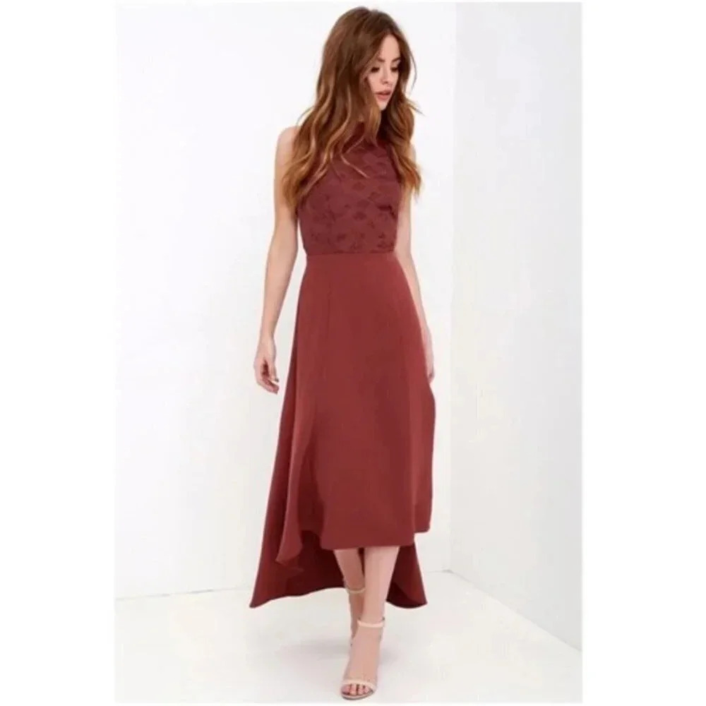 Keepsake All Talk Hi-Low Dress Maroon Halter  Neck